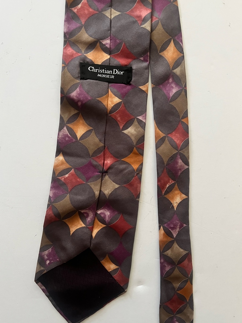 Vintage Christian Dior Men's Silk Tie in Gray with Red, Purple & Gold Accents